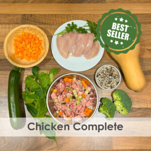 A bowl of raw dog food with Chicken, courgette, Broccoli, pumpkin, spinach, butternut squash