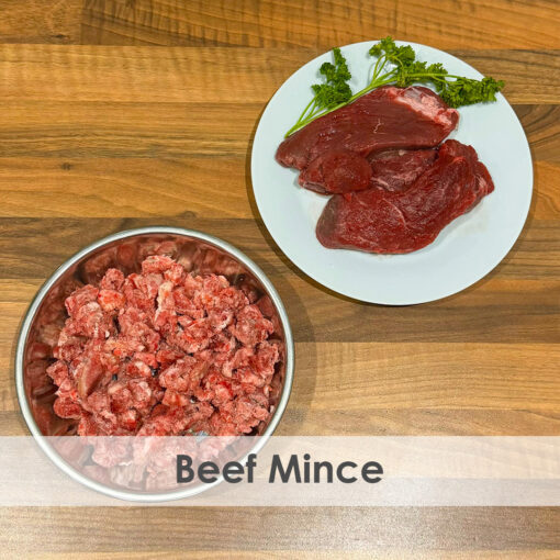 A bowl of raw dog food with beef