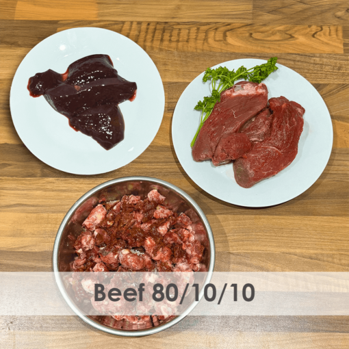 A bowl of raw dog food with beef, offal and bone