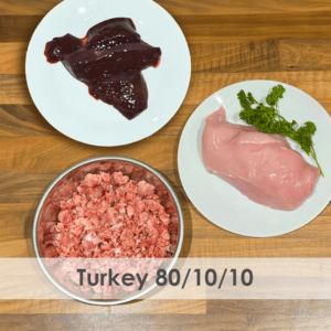 A bowl of raw dog food with turkey, offal and bone