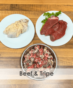 A bowl of raw dog food with beef and beef tripe