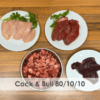 A bowl of raw dog food with chicken, beef, offal and bone