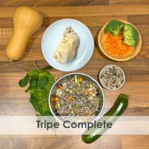 A bowl of raw dog food with beef tripe, courgette, Broccoli, pumpkin, spinach, butternut squash