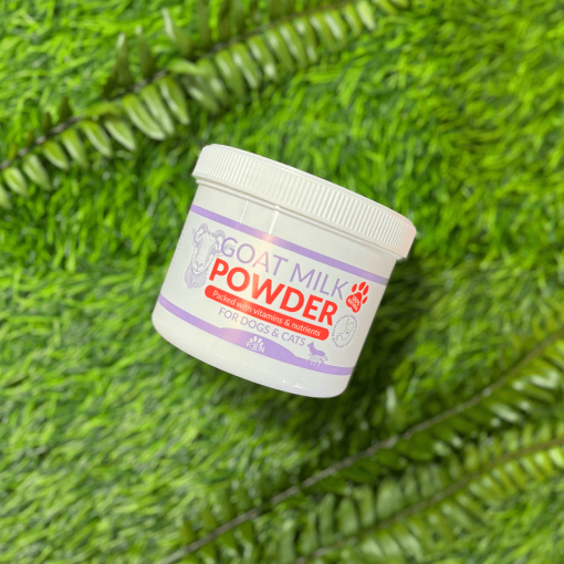 A tub of goat milk powder for dogs