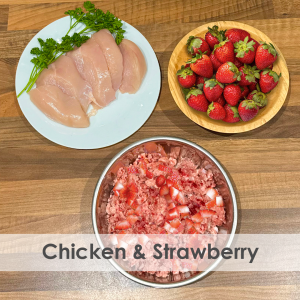 A bowl of raw dog food with chicken and strawberries