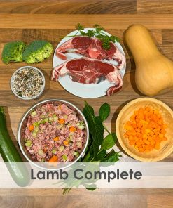 A bowl of raw dog food with lamb, courgette, Broccoli, pumpkin, spinach, butternut squash